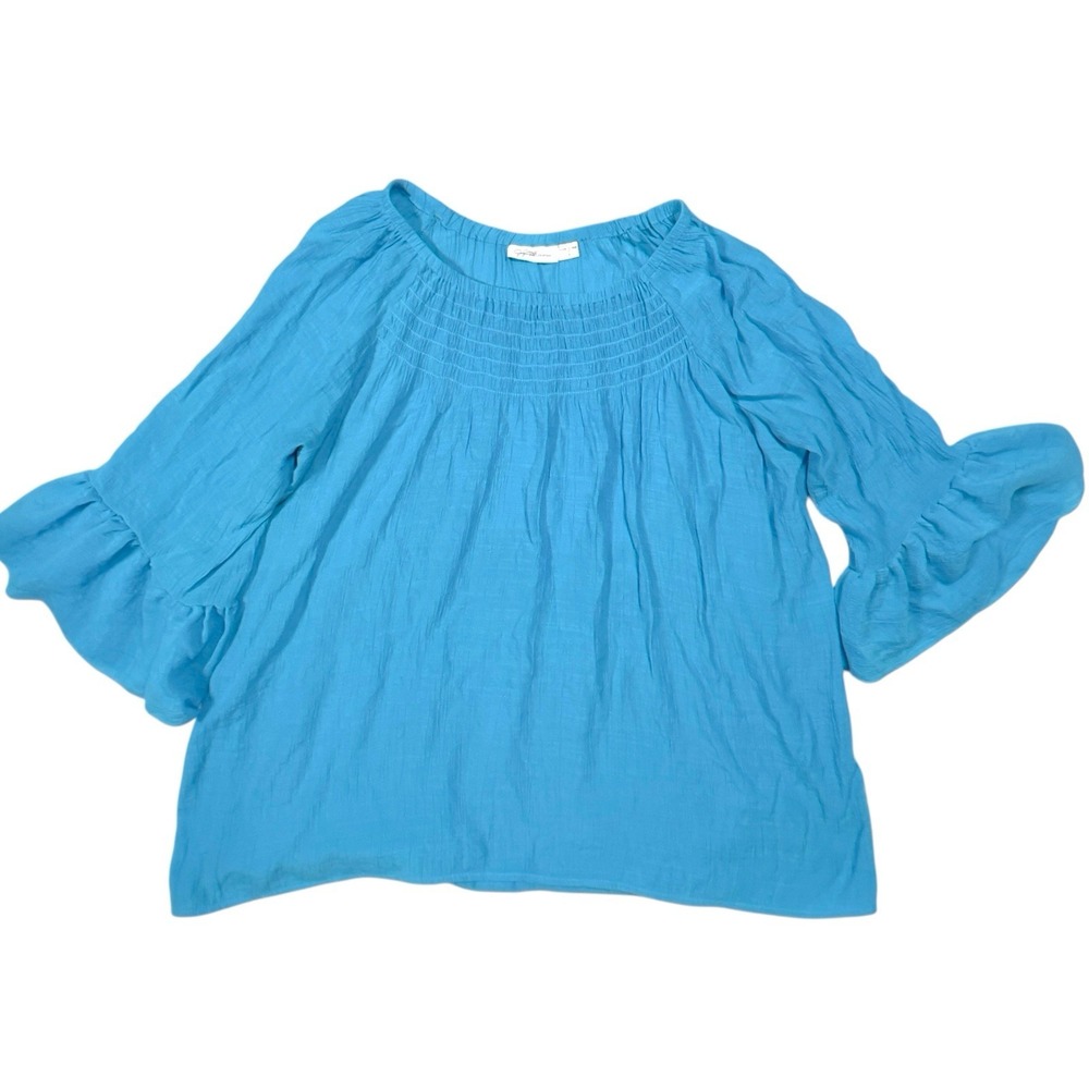 Jaclyn Smith Turquoise Blue Gauzy Smocked Peasant top Plus Sz 1X‎ Bell Sleeve